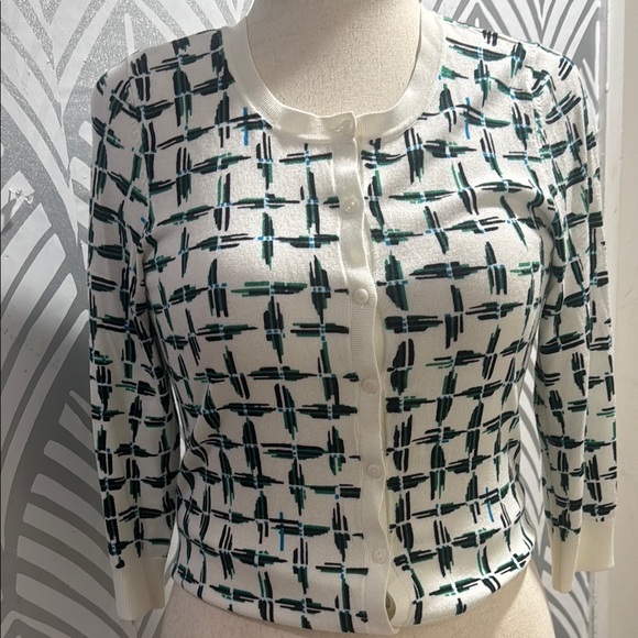 Halogen Green and White Geometric Crew Neck Cardigan Sweater - Picture 1 of 6